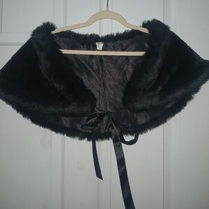 Black Faux Fur Capelet with Satin Tie